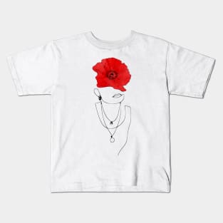 Woman face drawing with a red poppy Kids T-Shirt